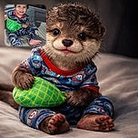 A cheerful toddler in colorful pajamas decorated with cars and roads sits comfortably on a bed, clutching a bright green toy. The child's curly hair is slightly tousled, and they flash a happy, toothy grin, making the scene heartwarming and lively.