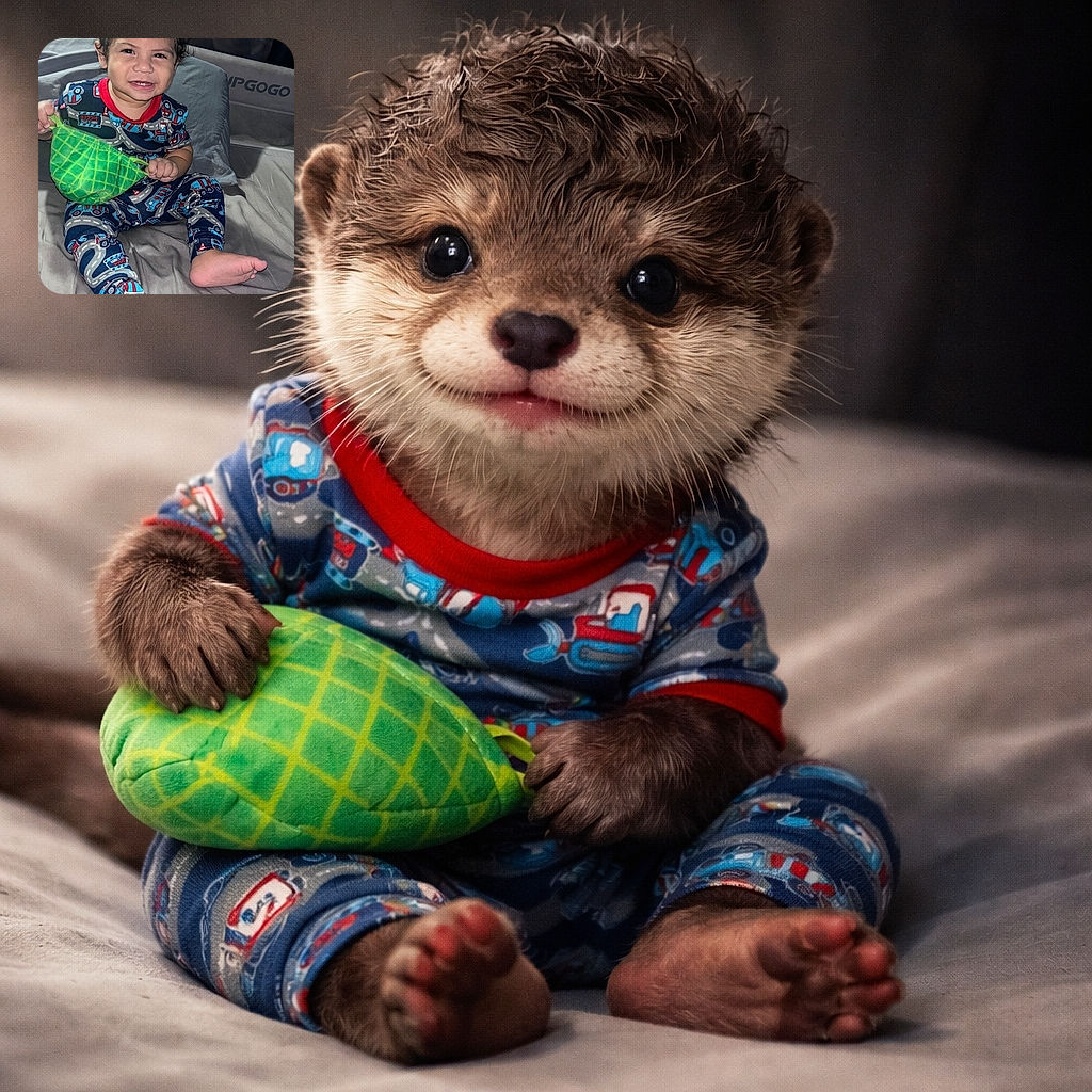 A cheerful toddler in colorful pajamas decorated with cars and roads sits comfortably on a bed, clutching a bright green toy. The child's curly hair is slightly tousled, and they flash a happy, toothy grin, making the scene heartwarming and lively.