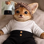 A charming baby lies on a white textured blanket, wearing a white top and black pants with buttons, topped off with a leopard print headband, gazing curiously at the camera with big bright eyes.