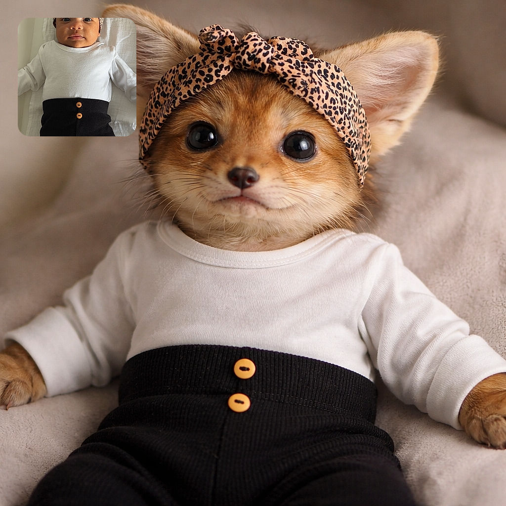A charming baby lies on a white textured blanket, wearing a white top and black pants with buttons, topped off with a leopard print headband, gazing curiously at the camera with big bright eyes.