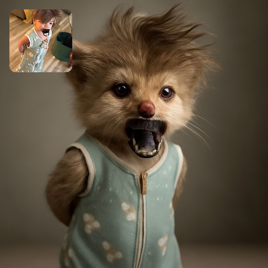 A charming toddler with tousled hair and a pacifier in their mouth stands indoors on a wooden floor, wearing a cozy green patterned sleep sack. The background includes a yellow blanket draped over a couch and a green basket, adding a homely touch.