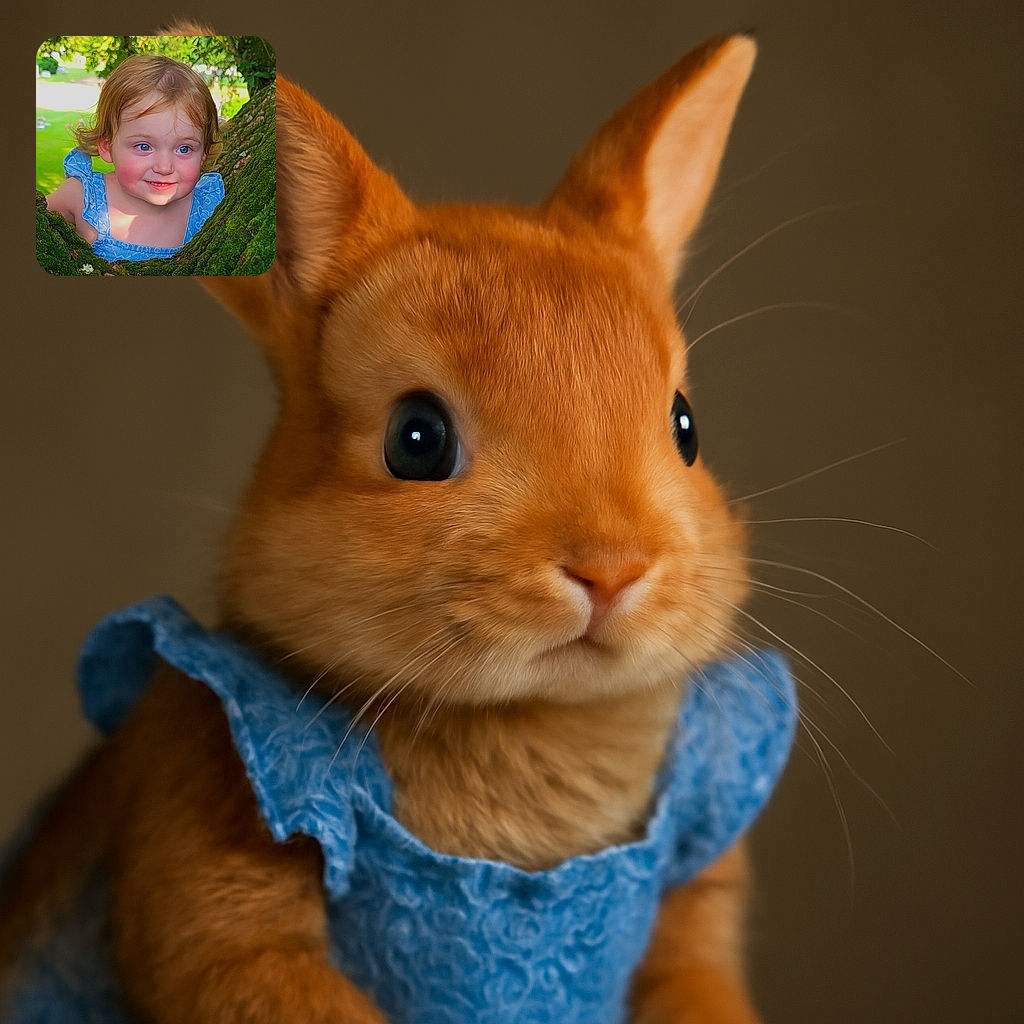 A bright-eyed toddler with rosy cheeks peeks out from between moss-covered tree trunks, wearing a delicate blue dress and flashing a charming smile that could melt the forest itself.