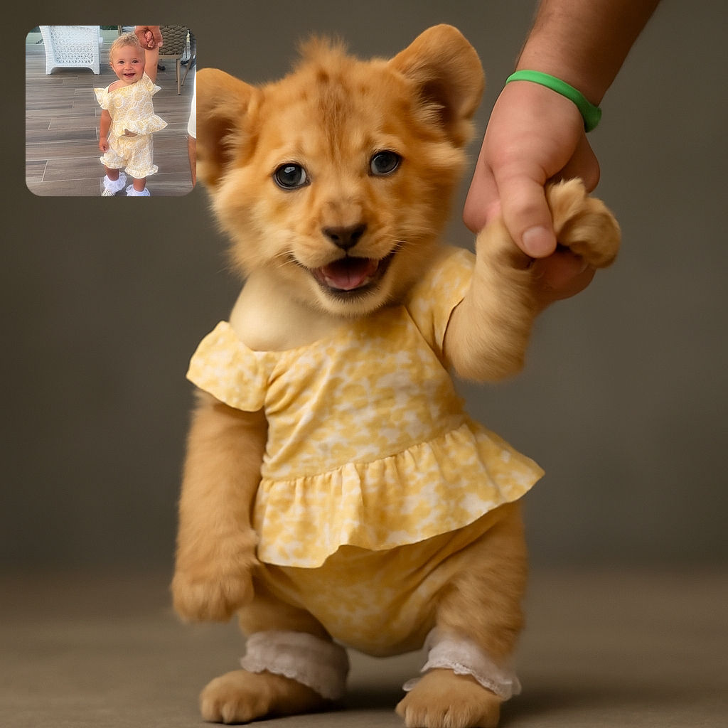 A cheerful toddler in a sunny yellow floral outfit is proudly standing on a wooden deck, holding tightly to an adult's hand. The little one sports frilly white socks and leopard print shoes, ready for an adorable day out. The background features cozy patio furniture and lush green trees, adding a relaxed outdoor vibe.
