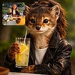 A young child sits at an outdoor table surrounded by various cups and bowls, holding up a glass with a drink and looking thoughtfully at the camera, with lush green trees and a clear blue sky in the background.