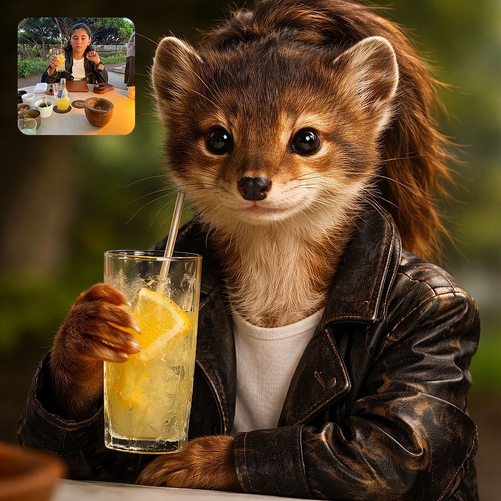 A young child sits at an outdoor table surrounded by various cups and bowls, holding up a glass with a drink and looking thoughtfully at the camera, with lush green trees and a clear blue sky in the background.