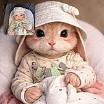 A wide-eyed baby wearing a cute white hat and floral onesie stares curiously at the camera, clutching a soft plush bunny while nestled comfortably in a cozy stroller lined with blankets.