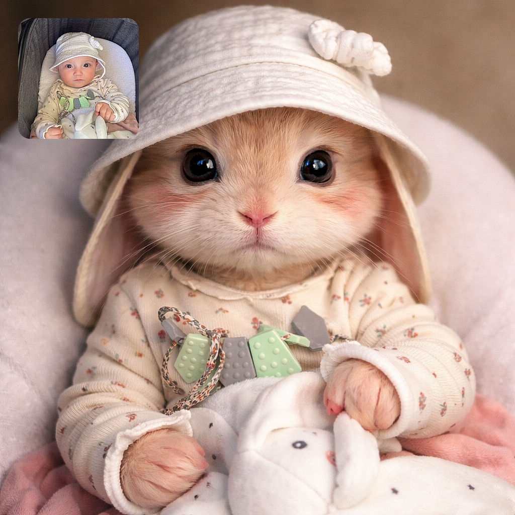 A wide-eyed baby wearing a cute white hat and floral onesie stares curiously at the camera, clutching a soft plush bunny while nestled comfortably in a cozy stroller lined with blankets.
