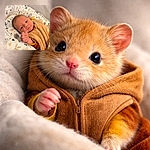 A cozy baby bundled in a soft brown outfit lies comfortably on a patterned cushion with cute animal and floral prints, gazing curiously at the camera with a tiny fist raised as if ready to conquer the world.