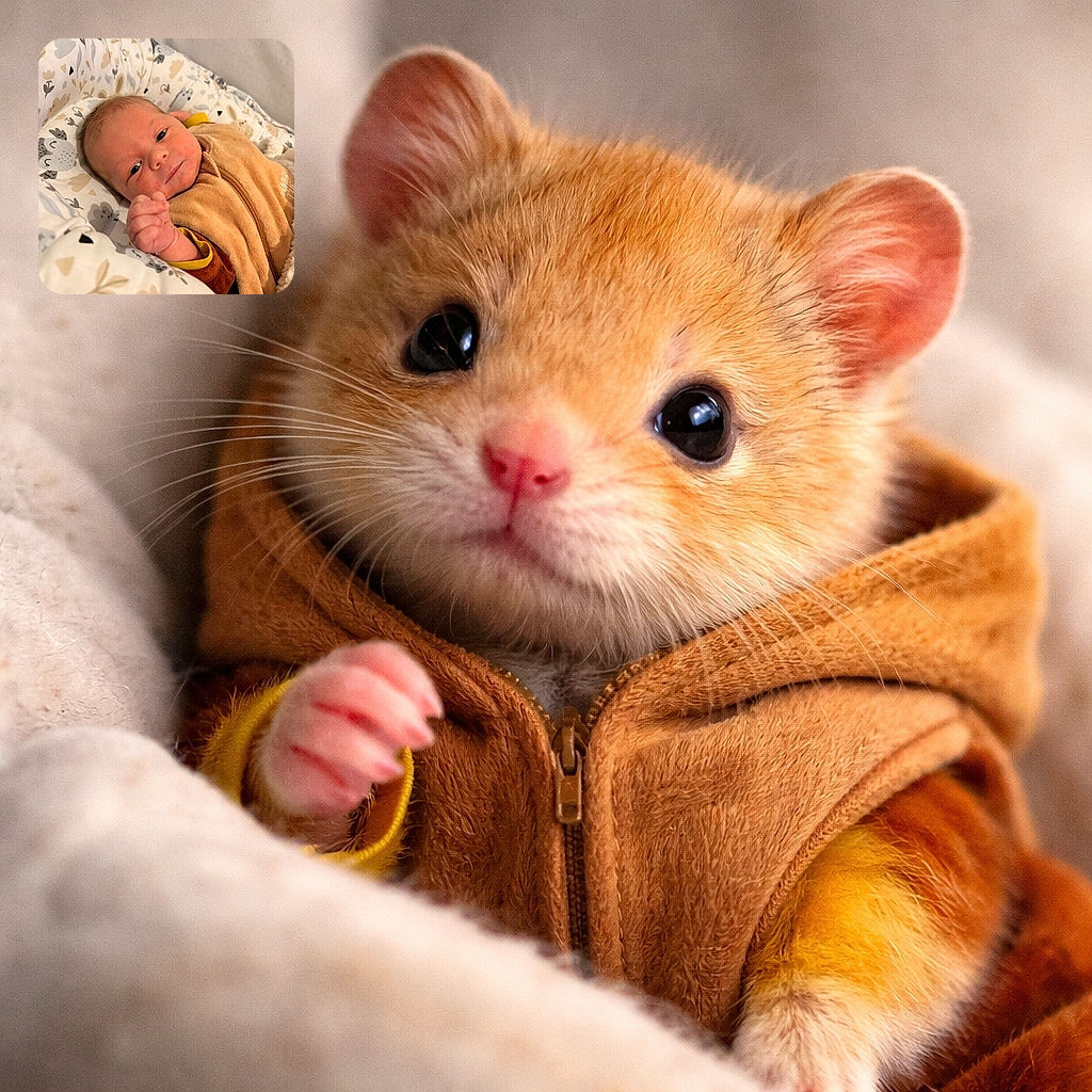 A cozy baby bundled in a soft brown outfit lies comfortably on a patterned cushion with cute animal and floral prints, gazing curiously at the camera with a tiny fist raised as if ready to conquer the world.