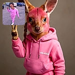 A cheerful young child dressed in a pink tracksuit strikes a playful pose in a parking lot with several cars in the background, flashing a peace sign and smiling brightly at the camera.