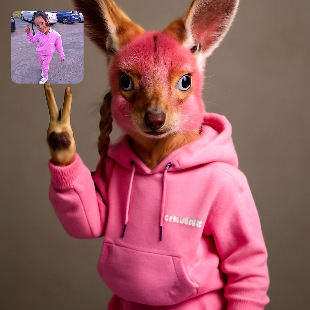 A cheerful young child dressed in a pink tracksuit strikes a playful pose in a parking lot with several cars in the background, flashing a peace sign and smiling brightly at the camera.