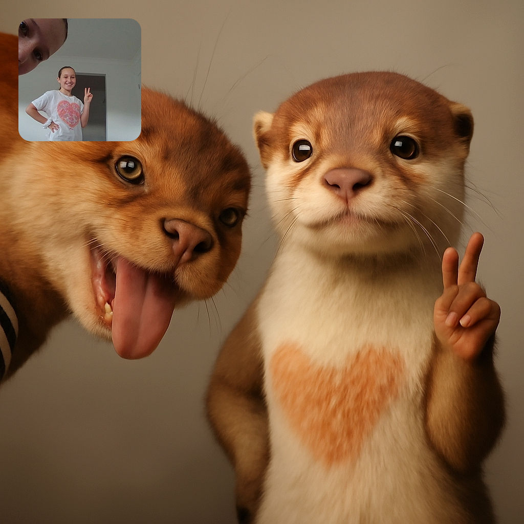 A playful snapshot where one child cheekily sticks out their tongue close to the camera while another child in the background flashes a peace sign and a bright smile, all set in a simple, light-filled room.
