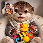 A joyful baby sits snugly in a cozy inflatable chair decorated with bear faces, clutching a colorful toy with a yellow duck on top, surrounded by soft cushions and a mesh playpen.