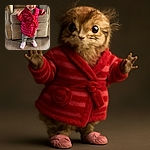 A joyful toddler stands confidently in front of a cozy beige couch, wearing a vibrant red and pink striped robe with a heart pocket, striped pants, and adorable pink unicorn slippers. The child's curly hair and big smile light up the room, making this a heartwarming and lively snapshot.