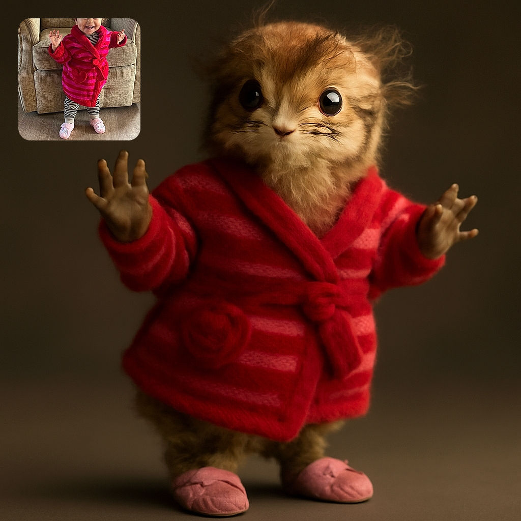 A joyful toddler stands confidently in front of a cozy beige couch, wearing a vibrant red and pink striped robe with a heart pocket, striped pants, and adorable pink unicorn slippers. The child's curly hair and big smile light up the room, making this a heartwarming and lively snapshot.