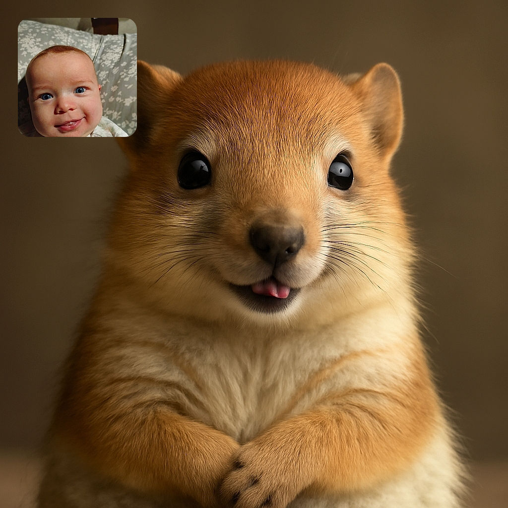 A close-up of a smiling baby with sparkling blue eyes and a tiny tongue peeking out, lying on a floral patterned blanket, radiating pure joy and innocence.