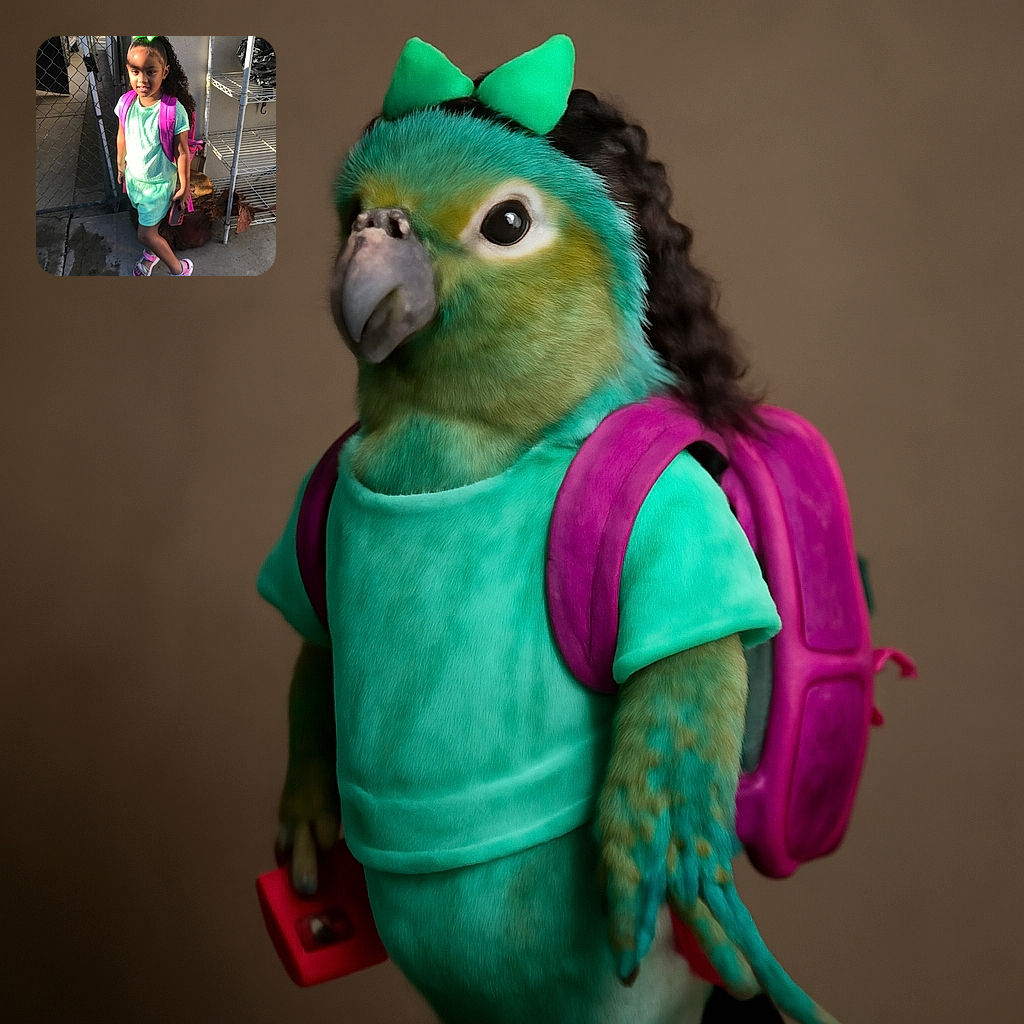 A cheerful young girl stands confidently near a chain-link gate, dressed in a mint green outfit with a bright green bow in her curly hair and a pink backpack. She's holding a phone case and wearing colorful sandals, basking in the warm sunlight that creates playful shadows on her face.