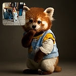 A cute toddler stands on a tiled floor, playfully nibbling on their fingers while holding onto a large water jug. The background features kitchen appliances and a cardboard box, giving a cozy home vibe.