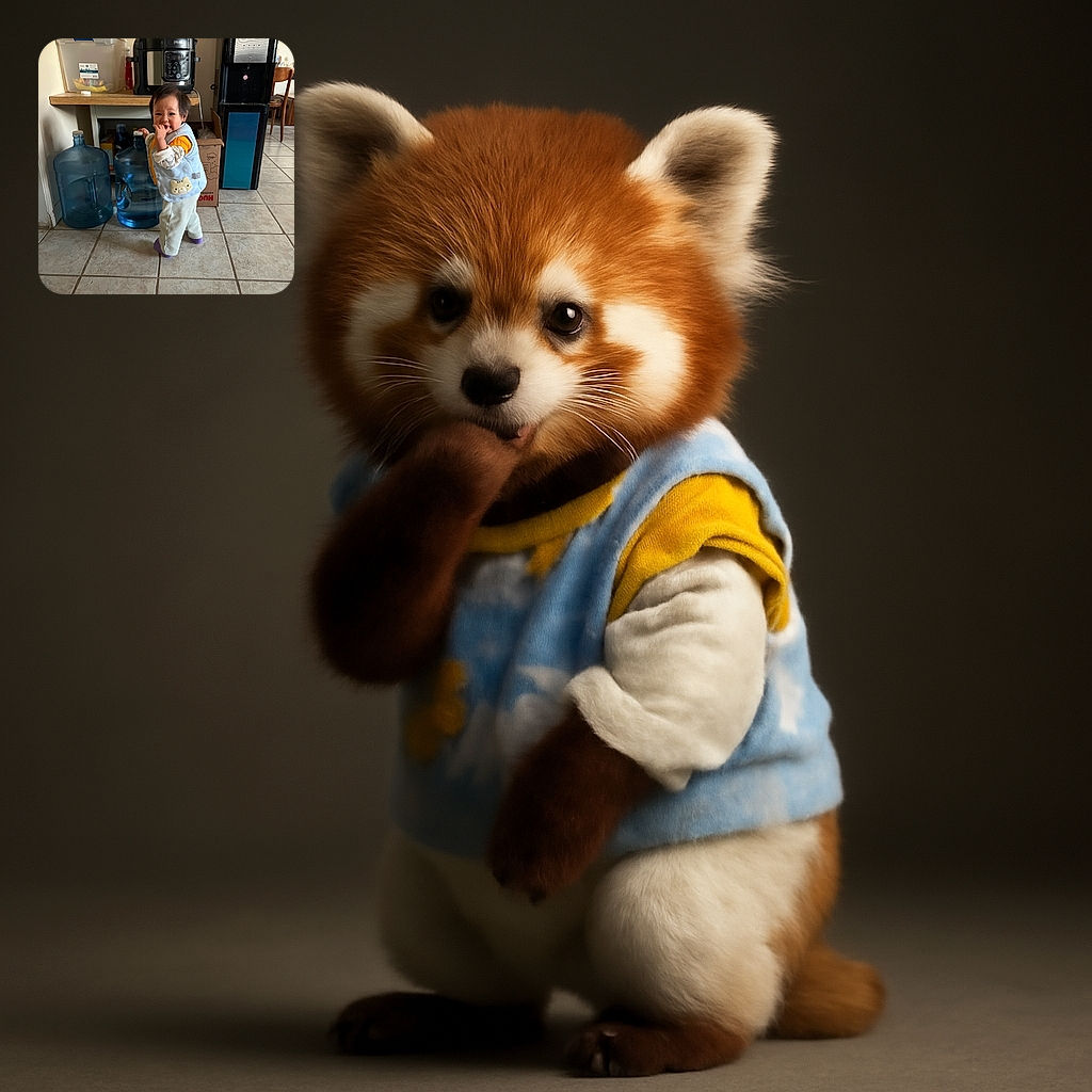A cute toddler stands on a tiled floor, playfully nibbling on their fingers while holding onto a large water jug. The background features kitchen appliances and a cardboard box, giving a cozy home vibe.