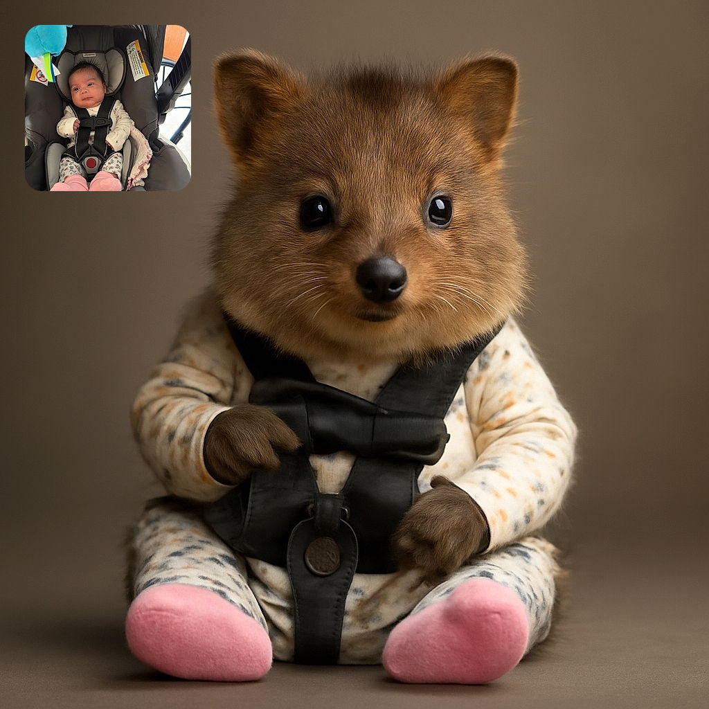 A tiny baby bundled in cozy floral pajamas and pink socks is securely strapped into a gray car seat, looking curiously around with wide eyes and a tuft of spiky hair, while a soft blue toy dangles nearby adding a splash of color.