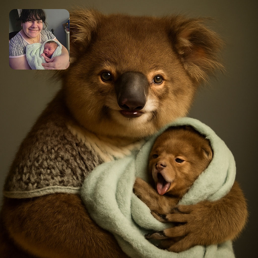 A joyful person with a nose ring beams warmly while cradling a tiny, yawning newborn wrapped snugly in a fluffy blanket, capturing a tender moment of new life and love in a softly lit room.