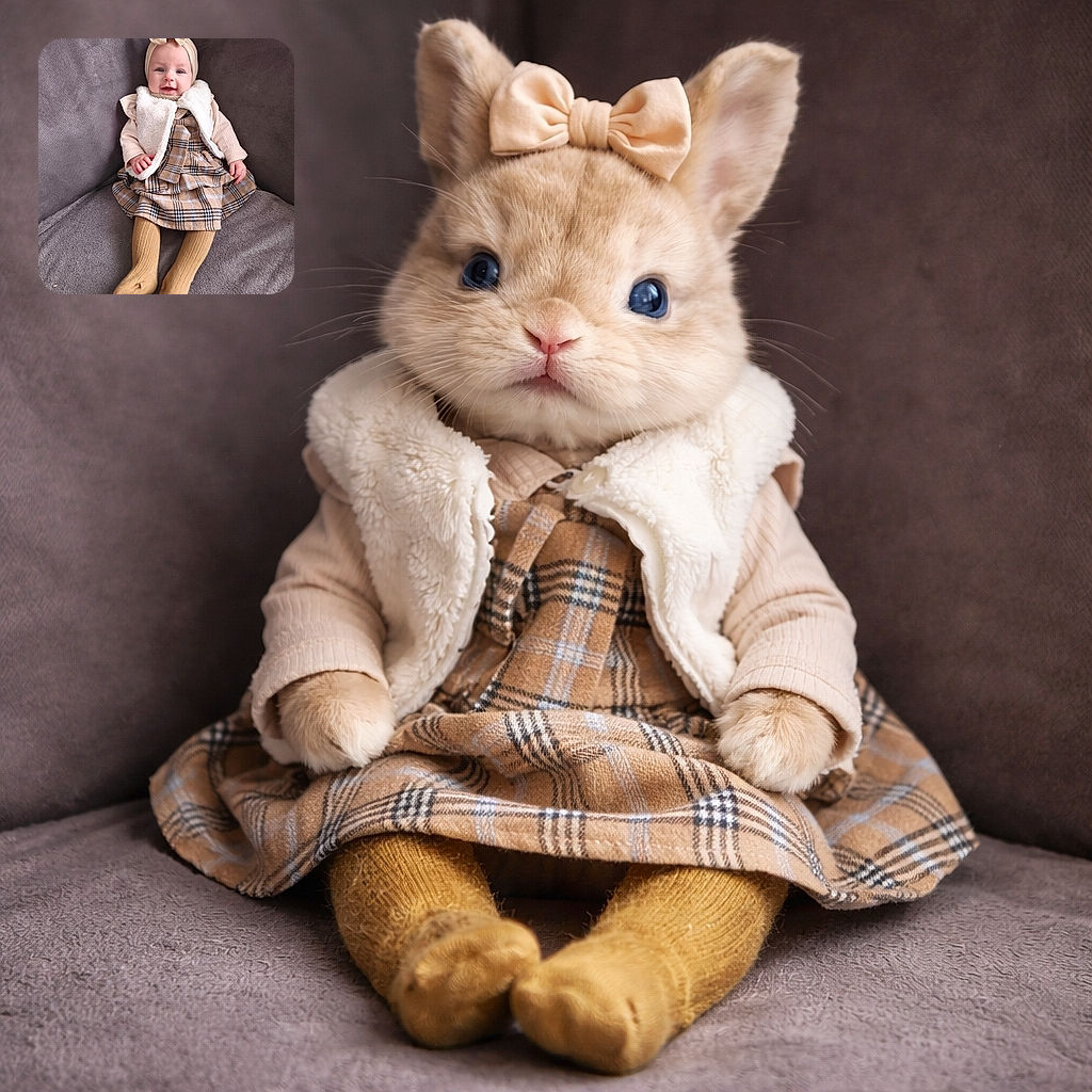A delighted baby in a bow headband and plaid dress lounges like royalty on a plush sofa, flashing an adorable smile and tiny hands gripping the fluffiest vest.