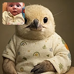 A wide-eyed baby stares curiously at the camera, bundled in a cozy onesie adorned with tiny rainbows, while a colorful toy peeks from the side, making the scene irresistibly adorable.