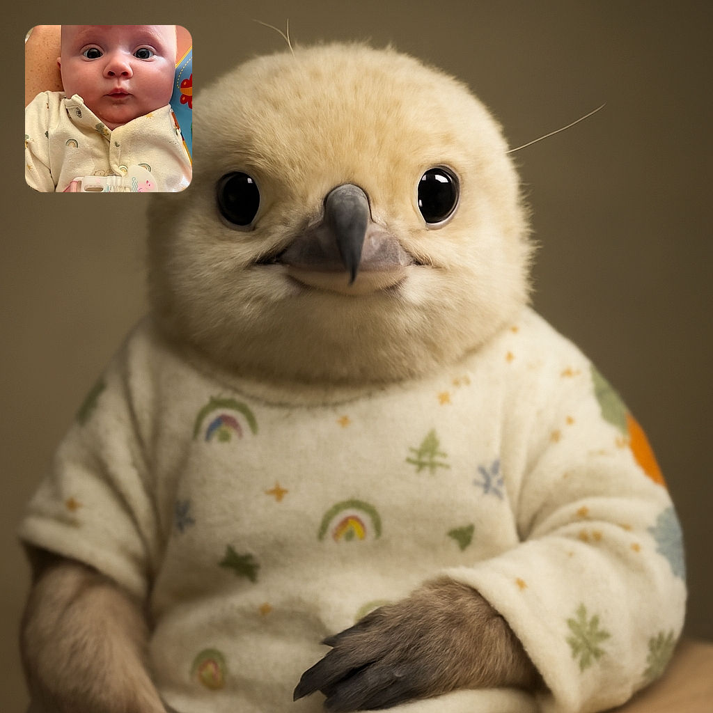 A wide-eyed baby stares curiously at the camera, bundled in a cozy onesie adorned with tiny rainbows, while a colorful toy peeks from the side, making the scene irresistibly adorable.