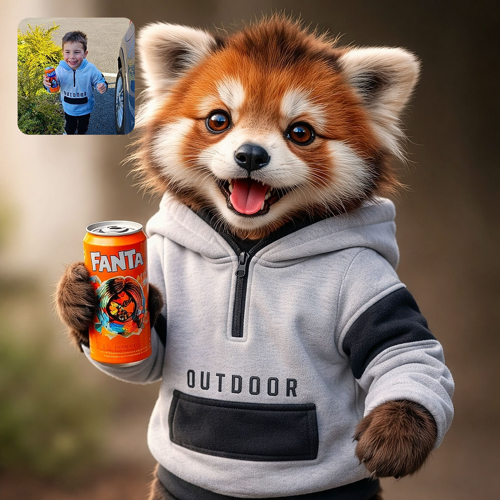 A beaming little kid proudly brandishing a bright orange Fanta can like it's a trophy, standing between a shrub and a parked car — pure sugar-fueled joy and mischief in one snapshot.