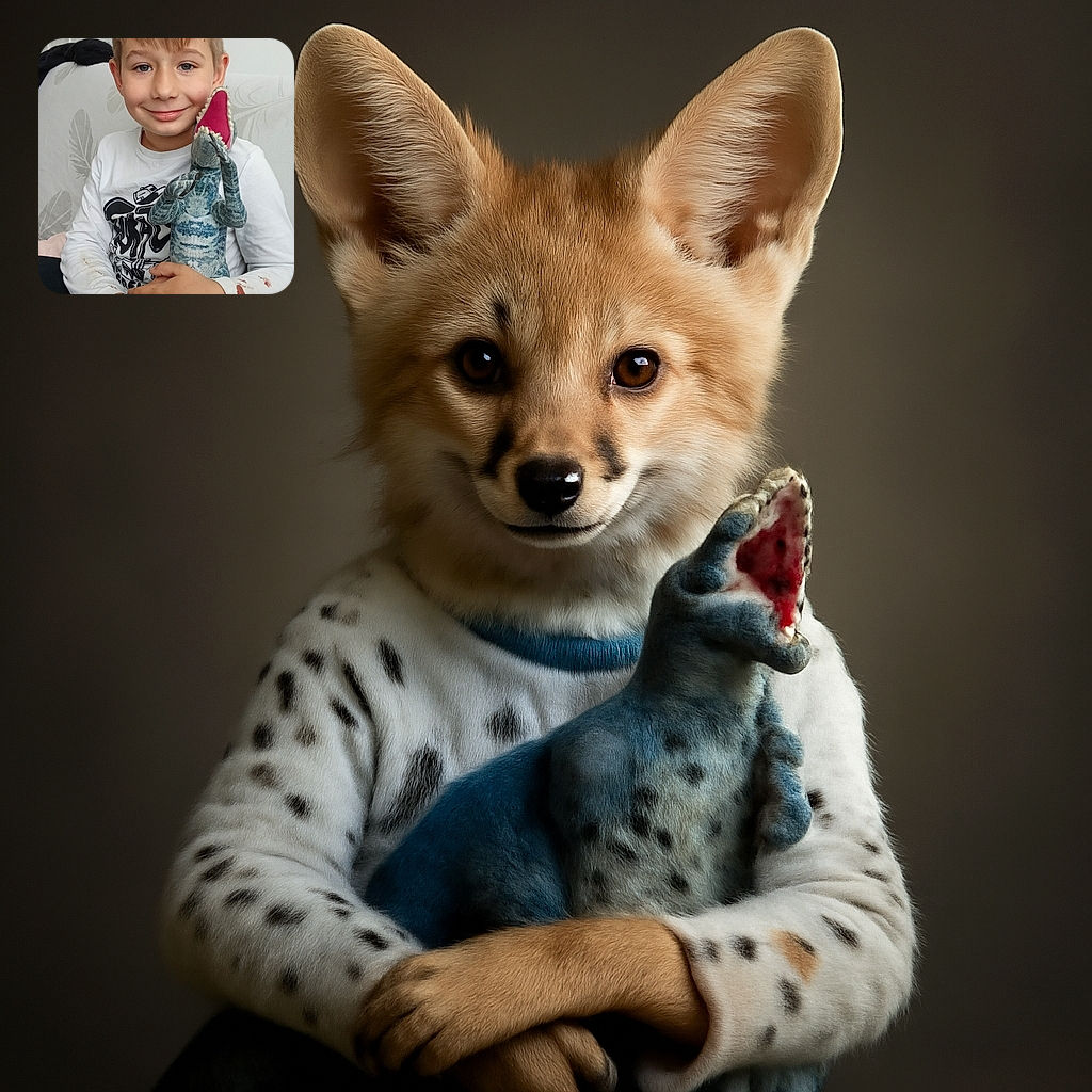 A cheerful young boy with tousled blond hair smiles warmly while hugging a large plush dinosaur, sitting comfortably on a patterned couch with a casual and cozy vibe.