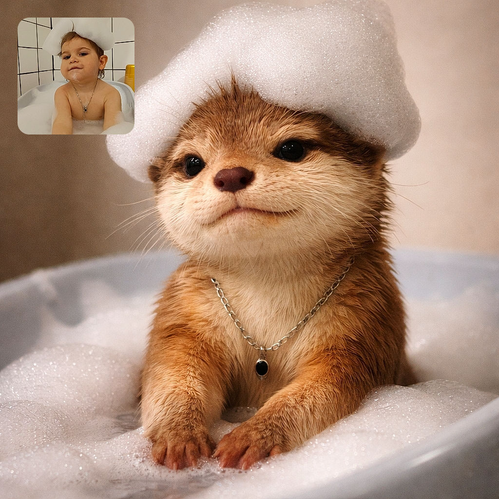 A cheeky toddler wearing a towering foam hat made of bath bubbles, sitting in a bubbly bathtub with a tiny beard of soap under the chin and a sparkly necklace trying to be fancy. The tiled bathroom provides a grid backdrop while a yellow bottle peeks from the side — pure bathtub royalty and mischief in one frame.