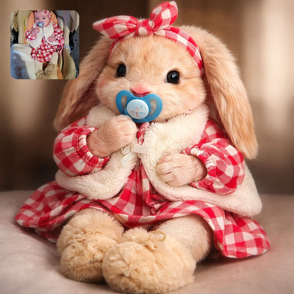 A tiny fashionista lounges like royalty in a car seat — red-check dress, matching headband, fluffy vest and pom-pom booties, pacifier-as-scepter and a blanket throne. The baby stares out with big eyes while the cozy car interior frames the scene.