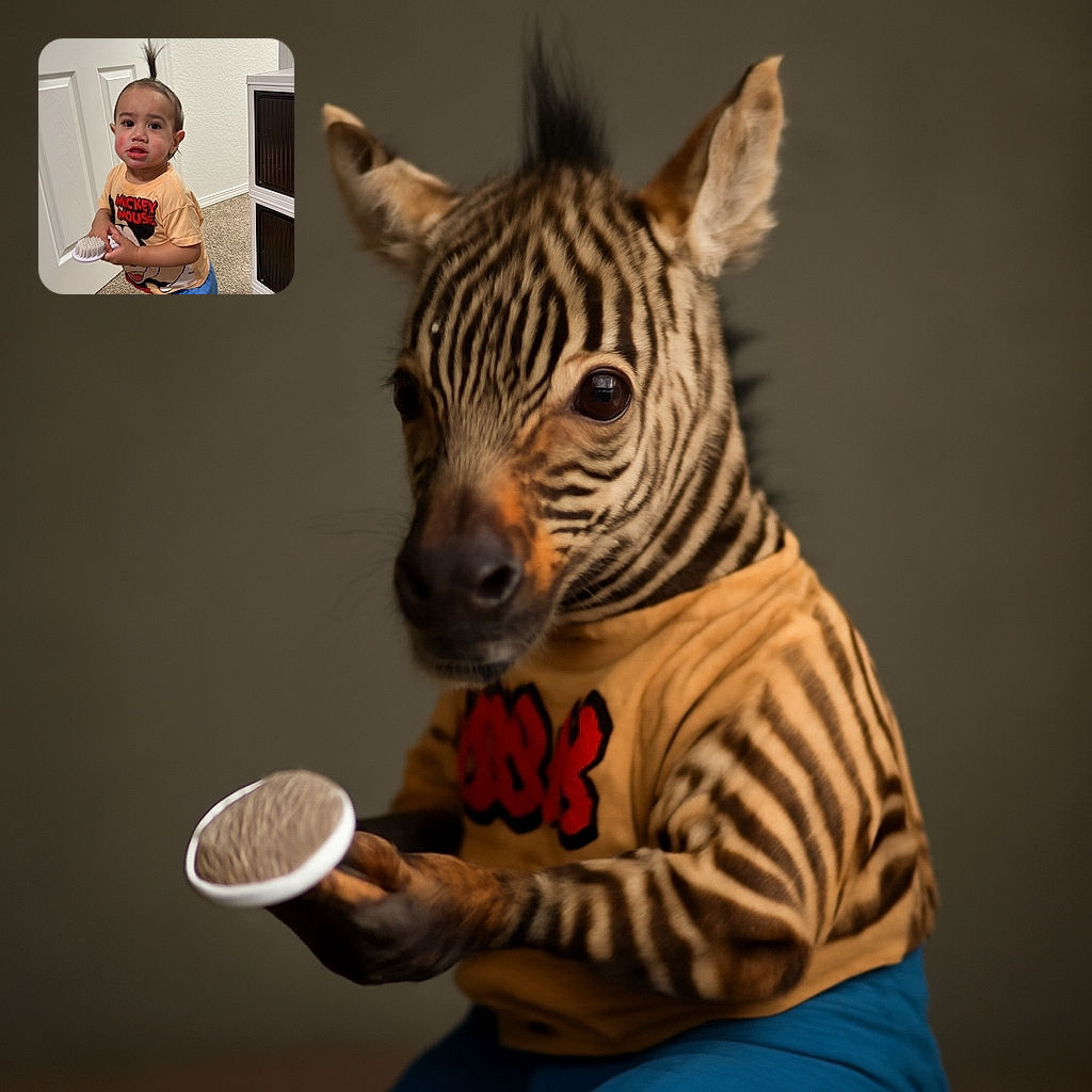A toddler with a tiny ponytail on top of their head stands on carpeted floor holding a brush, wearing a Mickey Mouse t-shirt and blue shorts, looking curiously at the camera in an indoor setting with a white door and storage unit in the background.