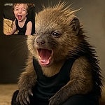 A joyful child with tousled blonde hair and a big open-mouthed laugh is sitting on a couch, wearing a black sleeveless top and black pants, with a cozy yellow blanket beside them and a wooden shelf filled with colorful items in the background.