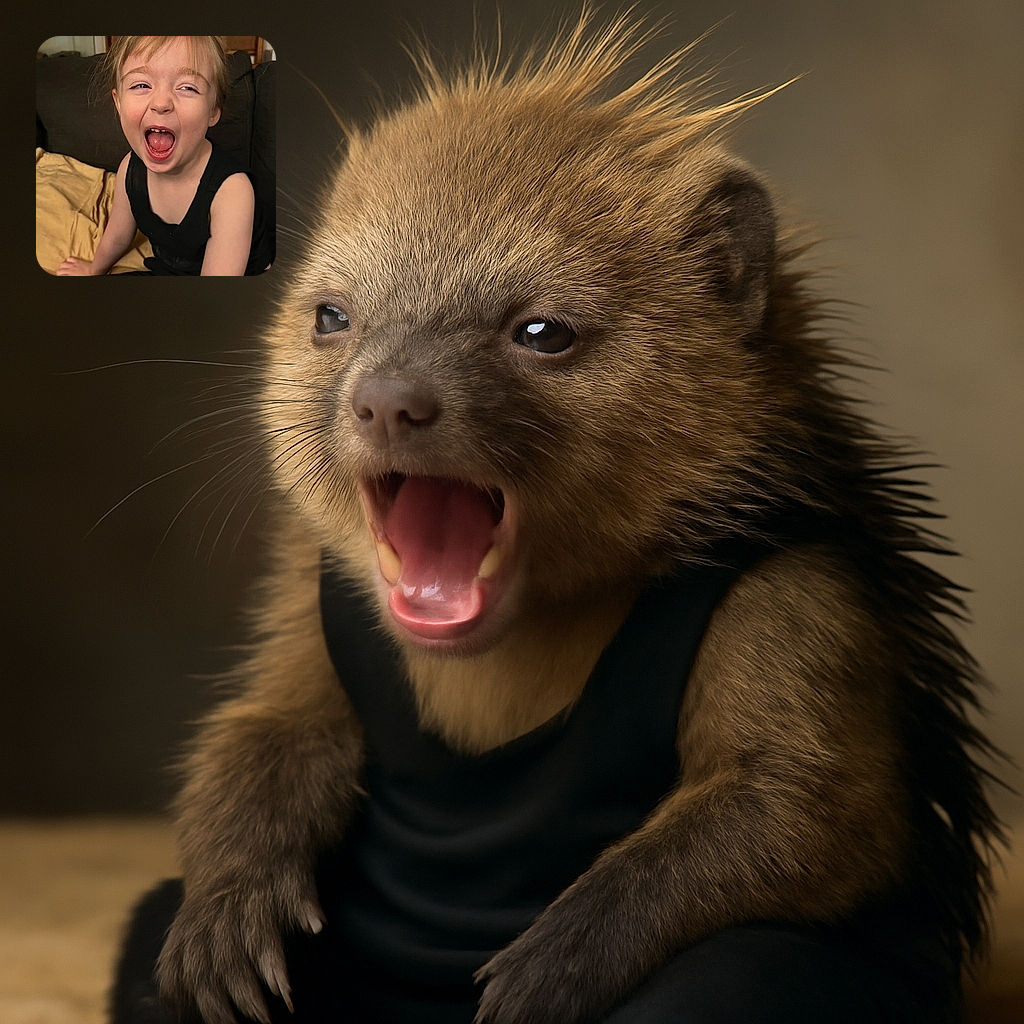 A joyful child with tousled blonde hair and a big open-mouthed laugh is sitting on a couch, wearing a black sleeveless top and black pants, with a cozy yellow blanket beside them and a wooden shelf filled with colorful items in the background.