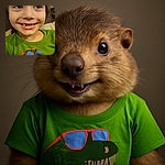 A joyful young child with a charming gap-toothed smile wears a bright green shirt featuring a cool dinosaur sporting red sunglasses, sitting comfortably indoors with a cozy background.