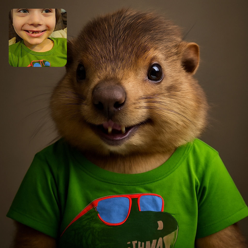 A joyful young child with a charming gap-toothed smile wears a bright green shirt featuring a cool dinosaur sporting red sunglasses, sitting comfortably indoors with a cozy background.