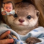 A close-up of an adorable baby with wide curious eyes and a slight smile, wrapped snugly in a light-colored blanket, while a hand with painted nails gently holds the baby, creating a warm and tender scene.