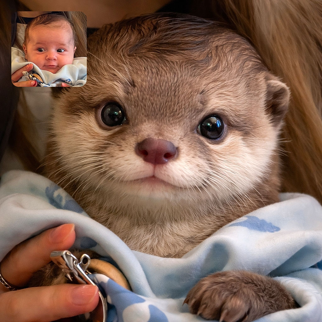 A close-up of an adorable baby with wide curious eyes and a slight smile, wrapped snugly in a light-colored blanket, while a hand with painted nails gently holds the baby, creating a warm and tender scene.
