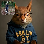 A cheerful young boy wearing glasses and a navy hoodie balances confidently on a fallen birch log in a leafy forest. The ground is carpeted with autumn leaves, and the background is filled with tall trees and greenery, creating a serene outdoor adventure vibe.