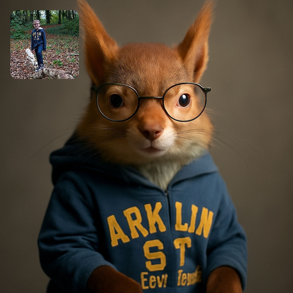 A cheerful young boy wearing glasses and a navy hoodie balances confidently on a fallen birch log in a leafy forest. The ground is carpeted with autumn leaves, and the background is filled with tall trees and greenery, creating a serene outdoor adventure vibe.