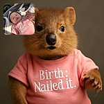 A cute baby wearing a pink onesie with the cheeky slogan 'Birth: Nailed It.' The baby is lying comfortably on a cushioned surface outdoors with soft sunlight casting gentle shadows, giving the photo a warm and cozy vibe.