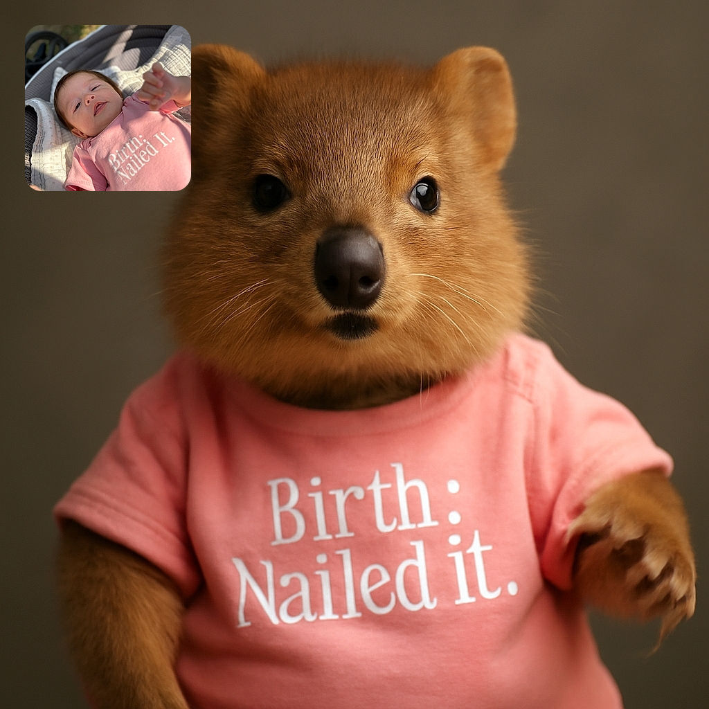 A cute baby wearing a pink onesie with the cheeky slogan 'Birth: Nailed It.' The baby is lying comfortably on a cushioned surface outdoors with soft sunlight casting gentle shadows, giving the photo a warm and cozy vibe.
