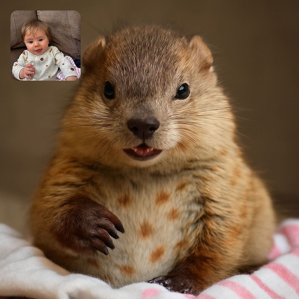A chubby-cheeked baby with tousled hair is sitting comfortably on a brown couch, wearing a cozy white onesie decorated with tiny autumn-themed prints. The baby looks curious and happy, with a slightly open mouth and bright eyes, reaching out with one hand as if ready to explore the world.