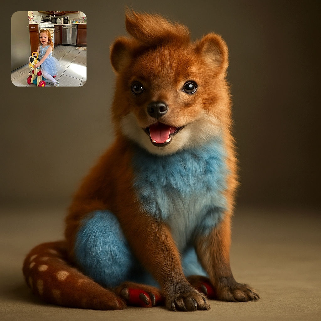 A joyful little girl in a light blue dress rides a colorful wooden horse toy in a cozy kitchen, her expression full of excitement and wonder, with sunlight streaming in to brighten the scene.