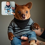 A cheerful baby with sparkling blue eyes and a tiny smile is being held up against a plain gray wall, rocking a cozy knitted sweater, denim pants, and cute socks, while tattooed arms support the little bundle of joy.