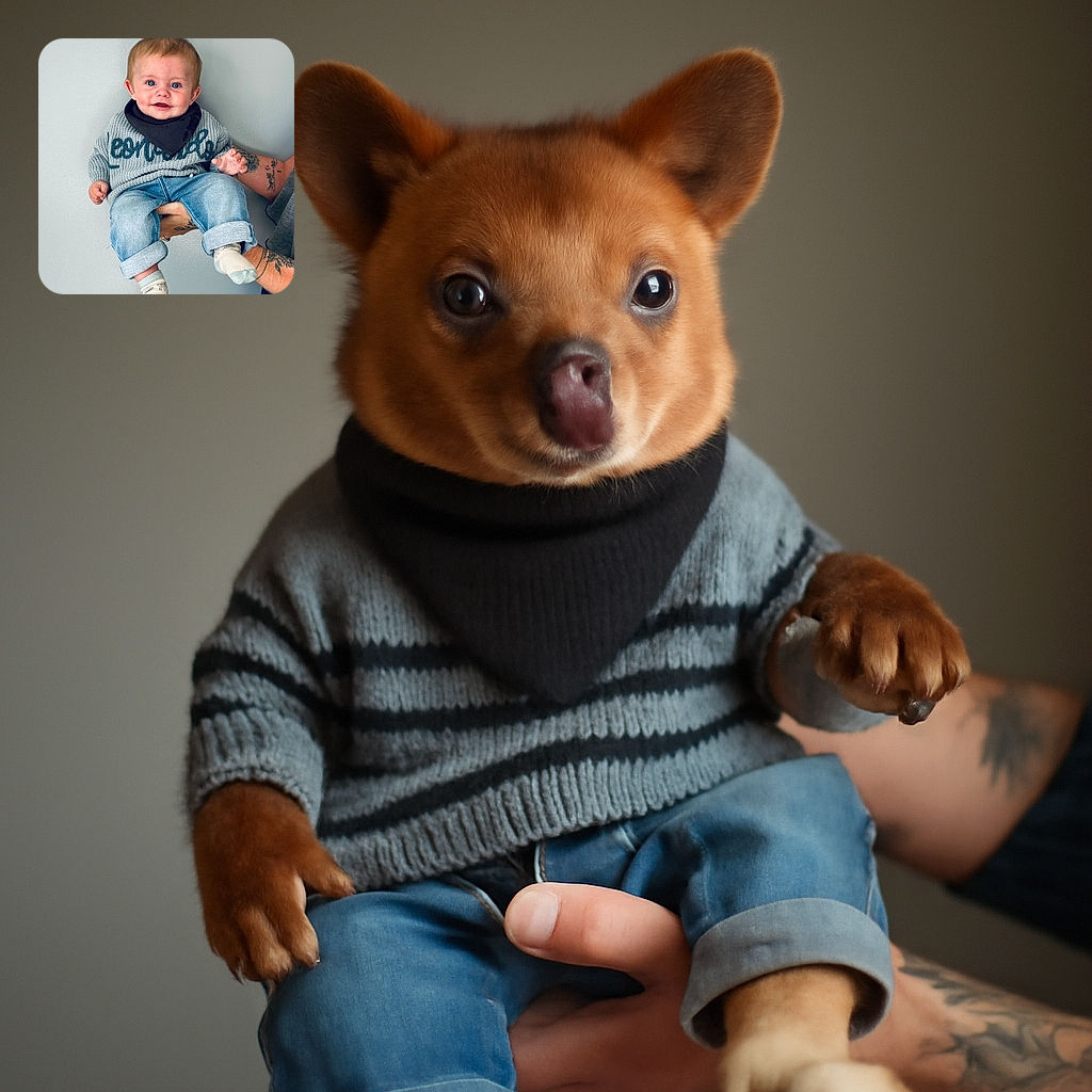 A cheerful baby with sparkling blue eyes and a tiny smile is being held up against a plain gray wall, rocking a cozy knitted sweater, denim pants, and cute socks, while tattooed arms support the little bundle of joy.