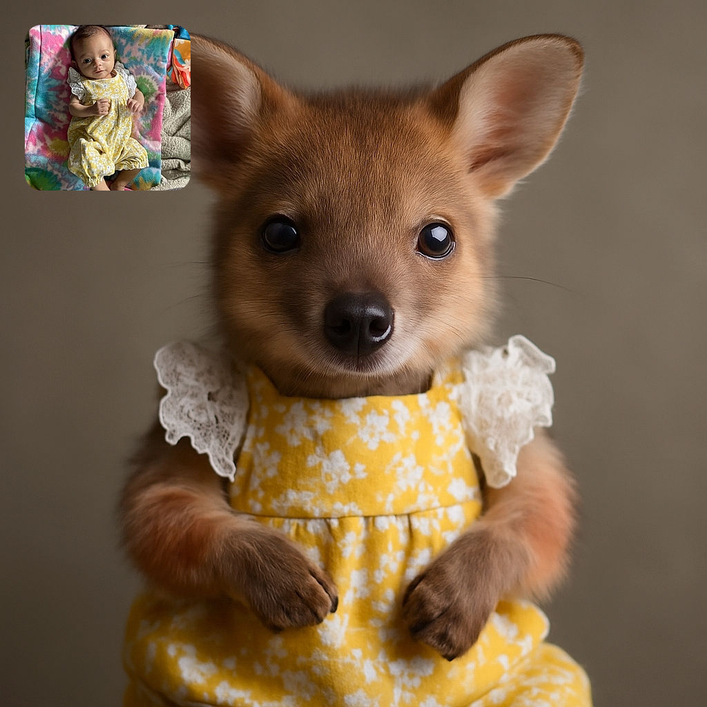A charming baby in a yellow floral outfit lounges on a vibrant, tie-dye blanket, looking curiously at the camera with wide, expressive eyes and a tiny smile, surrounded by cozy blankets and soft textures.