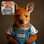 A close-up photo of a curious baby wearing denim overalls with a Peter Rabbit label, looking directly at the camera with wide eyes and slightly open mouth, while being gently held by an adult whose hand is visible supporting the baby's head.