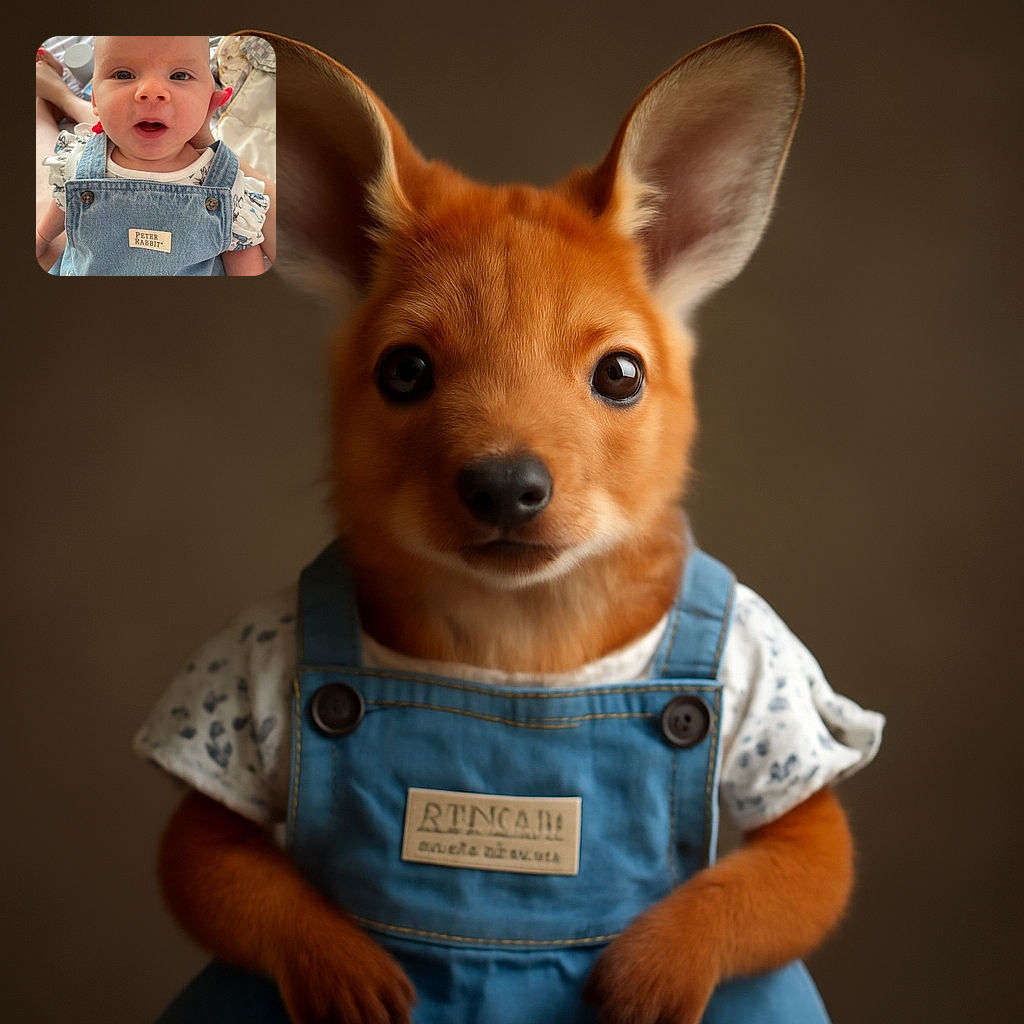 A close-up photo of a curious baby wearing denim overalls with a Peter Rabbit label, looking directly at the camera with wide eyes and slightly open mouth, while being gently held by an adult whose hand is visible supporting the baby's head.